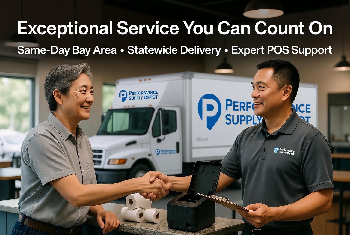 Performance Supply Depot product lineup featuring Clarion phenol-free thermal paper, POS terminals, and CAS integrated scales - complete POS solutions for California businesses