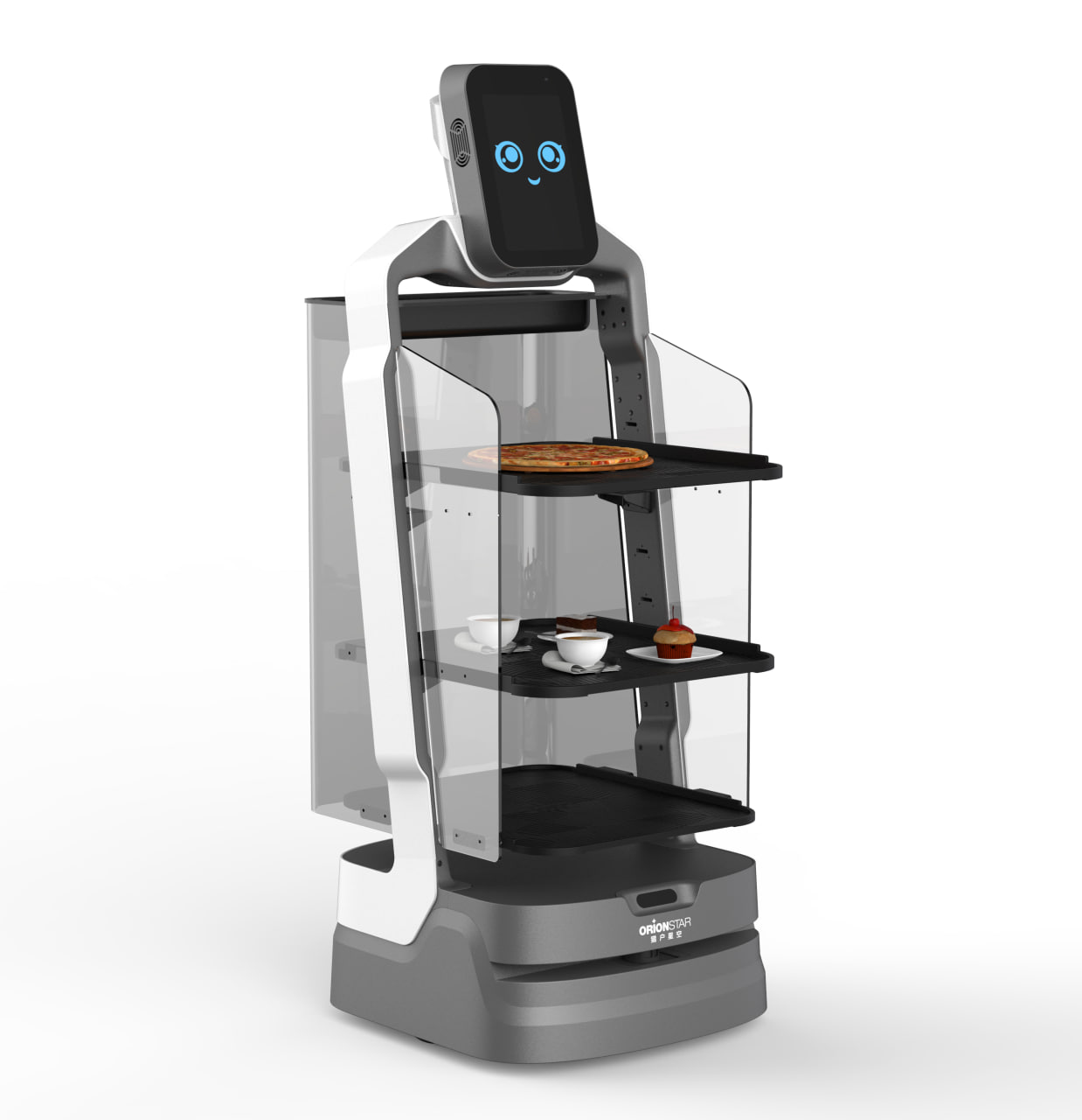 OrionStar Lucki AI Delivery Robot - 4-tier serving robot with digital display carrying pizza, coffee, and desserts
